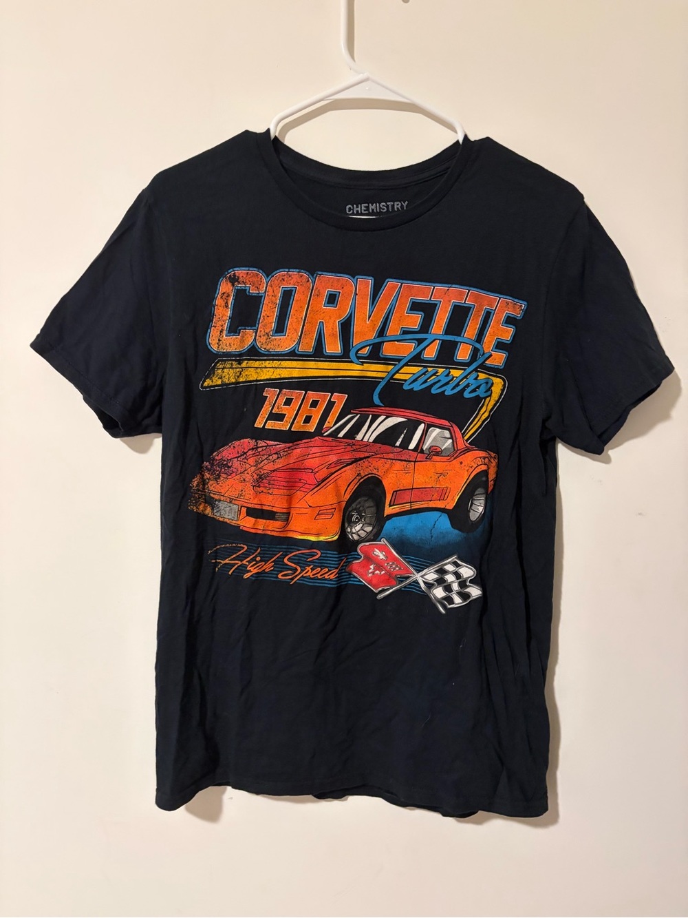 Chemistry Black Tee with Orange Corvette Graphic